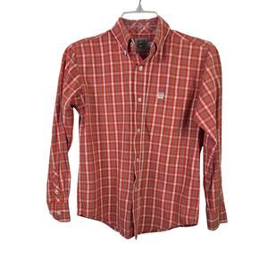Cinch Orange Plaid Boys Button Down Western Cowboy Long Sleeve Shirt Rodeo 10